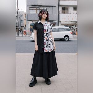 Avant Garde Half Comic Print Button-Up Shirt Dress Top S